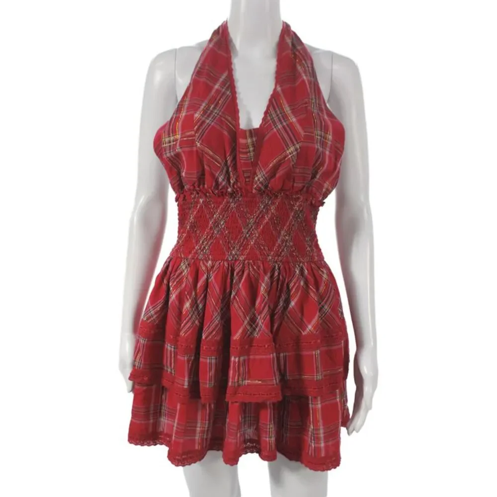 Love Shack Fancy Women Fit & Flare Plaid Halter Sleeveless Dress Red Size L
